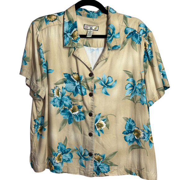 Caribbean Joe Petite Let Go Button Up Hawaiian Shirt Wood Buttons Vintage SZ PXL - Picture 1 of 8